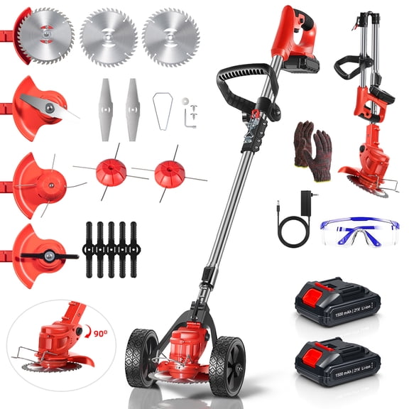 KingFurt Cordless String Trimmer, Electric Weed Eater, 3 in 1 Weed Wacker with Wheels Weed, 3 Function Blades Electric Brush Cutter