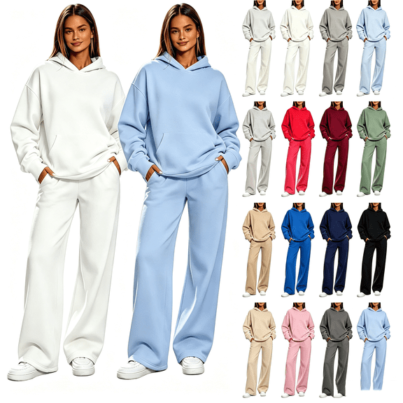XUNKUSGA Sweatsuit Sets for Women 2 Piece Oversized Hoodies Wide Leg Pants 2 Piece Sets for Women Classic Solid Color Pullover Hooded Sweatshirt with Pocket Matching Set Navy S