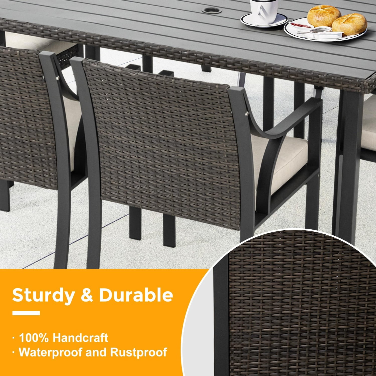 Wicker Outdoor Dining Table with Wood Top, 60" Rectangle Patio Table for 6, Rattan Dining Table with Steel Frame for Backyard Deck Garden, Gray