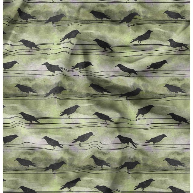 Soimoi Green Poly Georgette Fabric Crow Bird Decor Fabric Printed Yard 42 Inch Wide