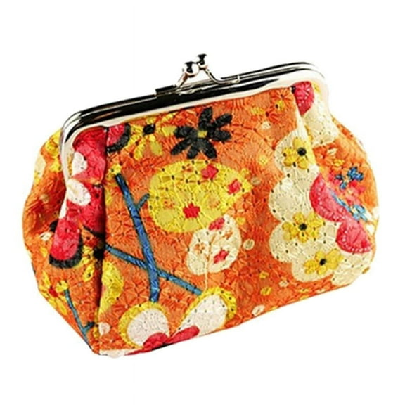 Ruanlalo Vintage Floral Print Kiss Clasp Women Mini Pouch Money Bag Wallet Coin Purse Orange