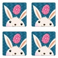 thumbnail image 1 of Bunny Coaster Set of 4, Eastern Rabbit with a Love Themed Egg on Repetitive Hearts Pattern, Square Hardboard Gloss Coasters, Standard Size, Petrol Blue Pink and Blush, by Ambesonne, 1 of 2