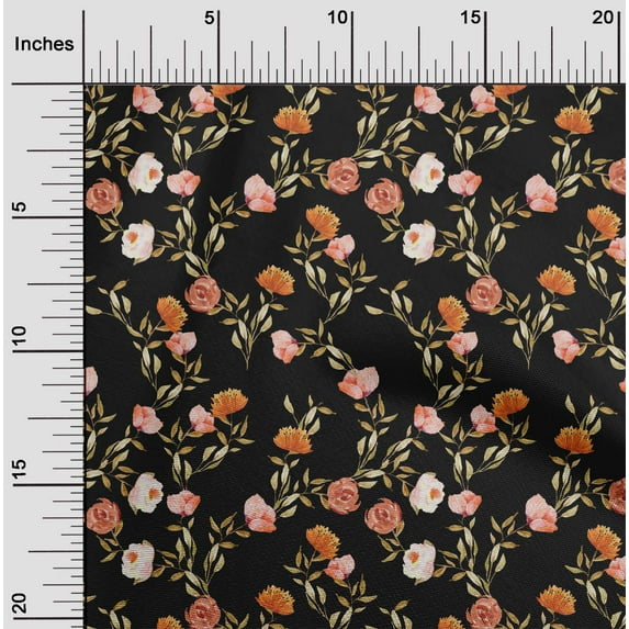 oneOone Georgette Viscose Black Fabric Flower & Leaves Watercolor Fabric For Sewing Print Craft Fabric By The Yard 42 Inche Wide