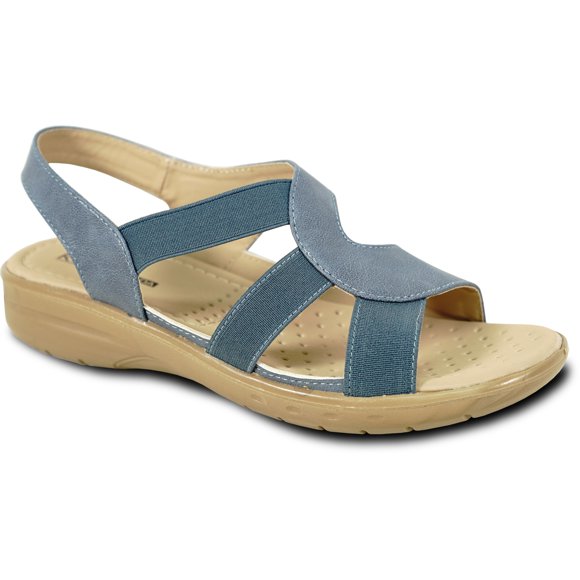 kozi Women Comfort Casual Wedge Sandal Slip-On Loafer OY3132 with Elasticized Band and Open Round Toe Navy Size 8