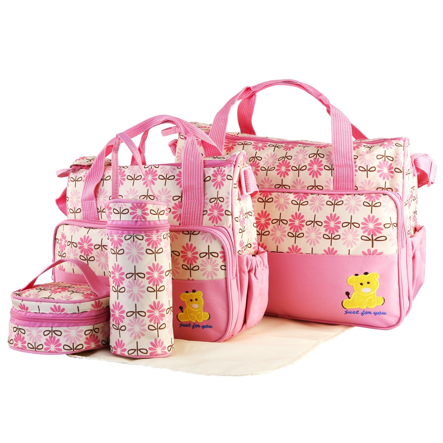 Baby Diaper Bag 5 Pcs Toddler Diaper Bag Tote Multifunction Portable Baby Bag for Boys and Girls Pink