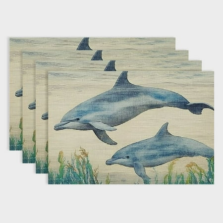 

PRATYUS Dolphins Seaweed Linen Cloth Placemats Set of 4 for Birthday Parties and Home Decoration 18x12in