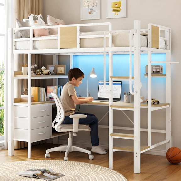 Twin XL Metal Loft Bed with Built-In Workstation, Full-Length Guardrails & Stable Ladder, Multi Storage Shelves, Modern Space-Saving High Bed Frame for Bedroom Apartment Dorm,White