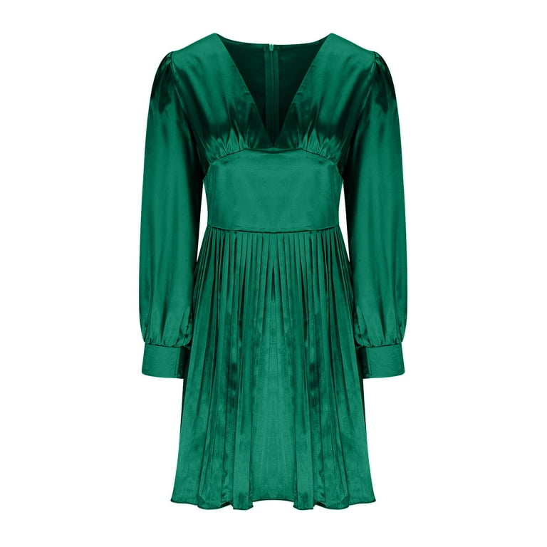 Efsteb Womens Fall Dresses Formal Fashion Loose Long Sleeve Dress V-Neck  Bandage Elegant Dress Casual Solid Color Dresses Green L 
