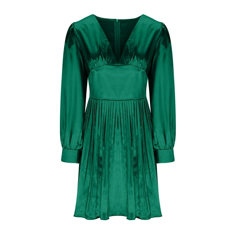 IROINNID Semi Formal Dress for Women Long Sleeve Empire Dress V-neck Back  Zipper Trumpet Sleeves Pleated Satin Solid Color T-A-line High-Waist Dress,Green  - Walmart.com