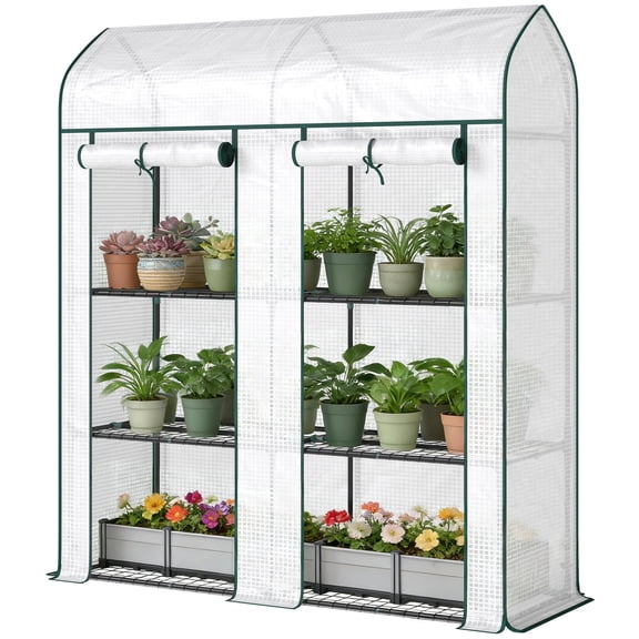 3‑Tier Mini Greenhouse, Portable Plant Growing Rack with Dual Roll‑Up Doors for Balcony Patio Flower & Vegetable Cultivation, White, 56.3 x 18.1 x 65 Inch