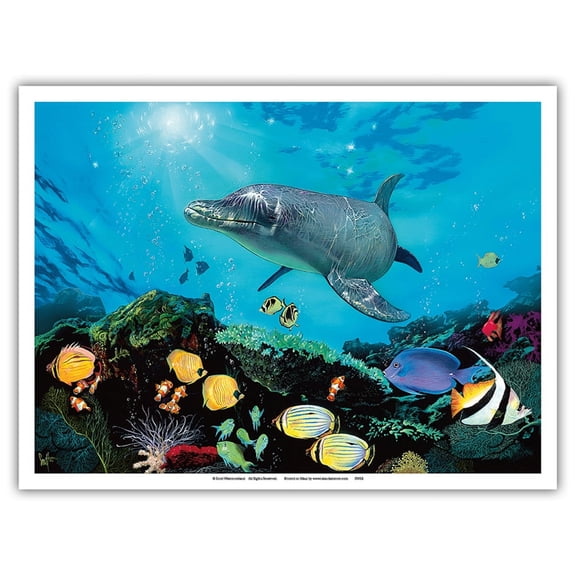 Shimmer Bay Shallows - Hawaiian Dolphin & Tropical Fish - From an Original Color Painting by Scott Westmoreland - Master Art Print (Unframed) 9in x 12in