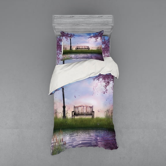 Ambesonne Nature Bedding Set 3 Pcs, Bench Flowing River Moon, Twin, Multicolor