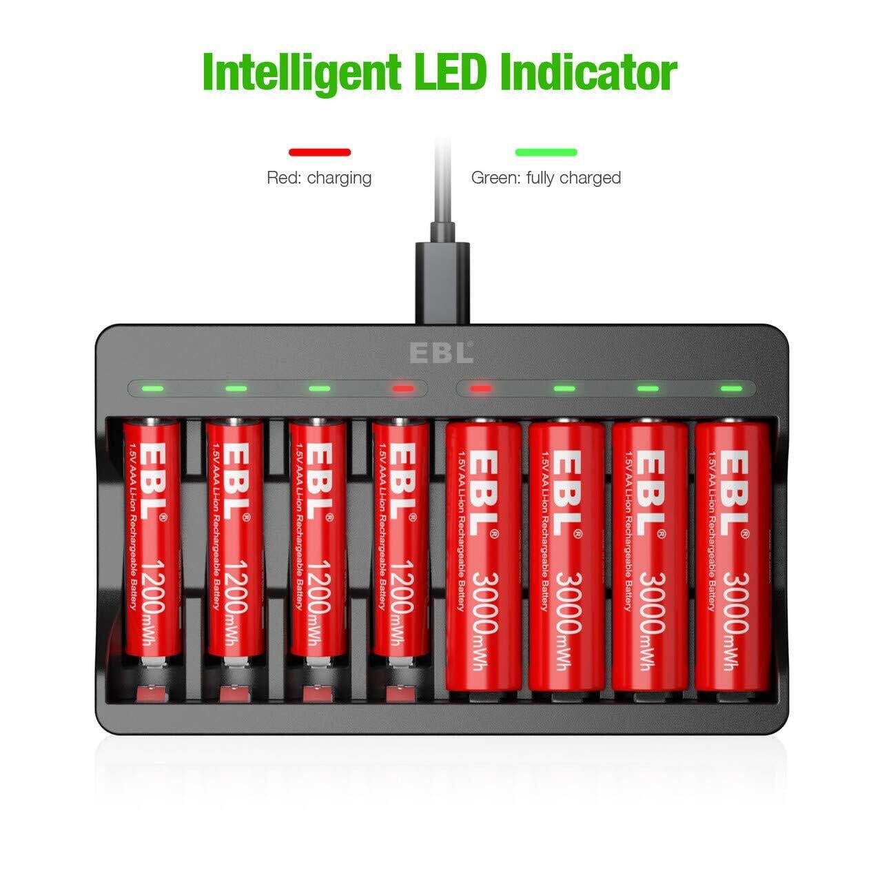 EBL 4x AA and 4x AAA Rechargeable Lithium Li-ion Batteries 1.5V with 8 Slots Smart Battery Charger