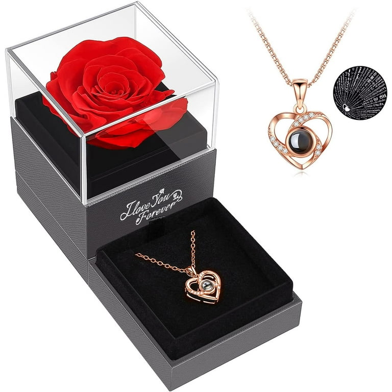 Preserved Red Real Rose with I Love You Necklace in 100 Languages
