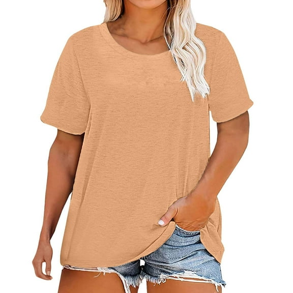 Plus Size Solid Color Short Sleeve Round Neck T-Shirt, Plus Size Round Neck Short Sleeve T Shirt for Women; Summer Loose T Shirt Casual Top. Beige, L