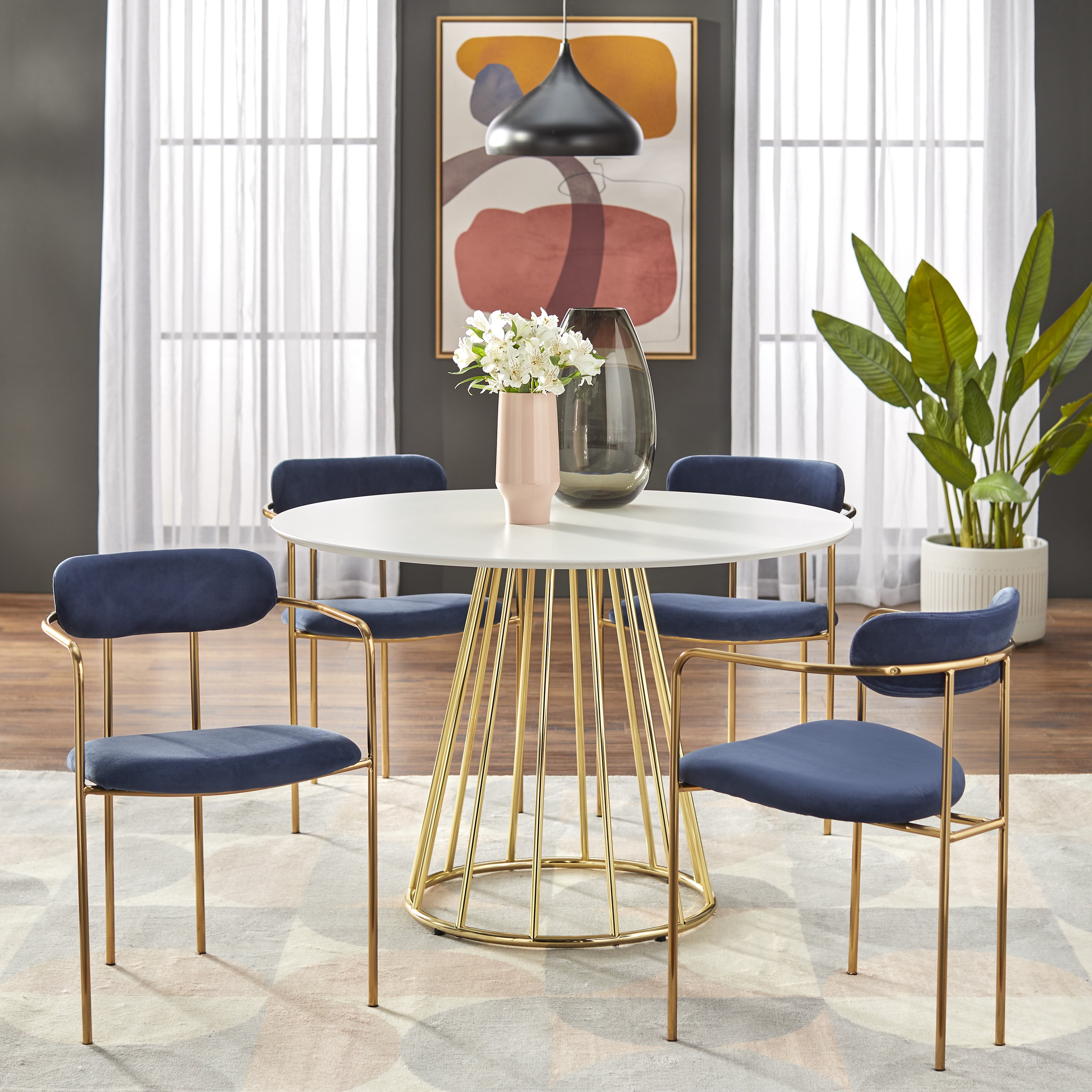 TMS Marsai 43" Round Metal Indoor Dining Table, White/Gold