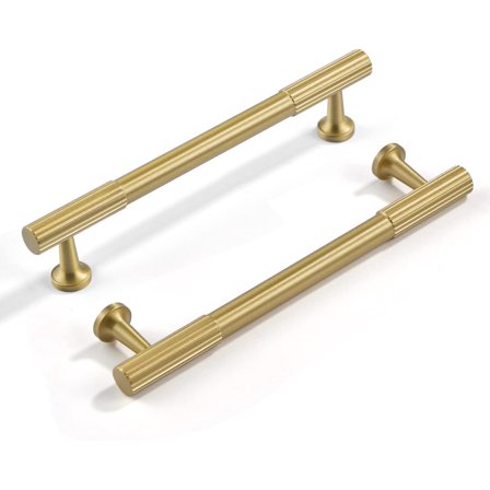 The Brushed-Gold-Modern Kitchen Drawer Cabinet Handles - 5 Pack Solid Brass Pulls Hardware for Dresser Bedroom Bathroom(5 inch Hole Centers)