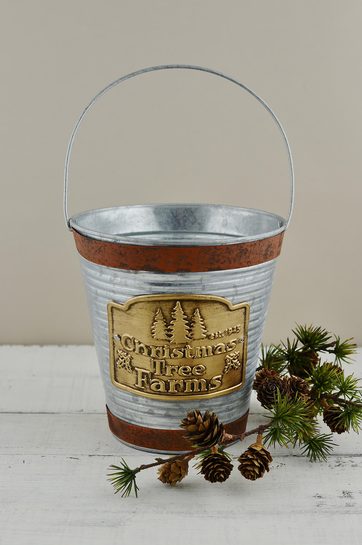 Galvanized 7.25in. Bucket With Handle Christmas Tree Farm Logo 7.25in. Wide By x 7.25in. Tall