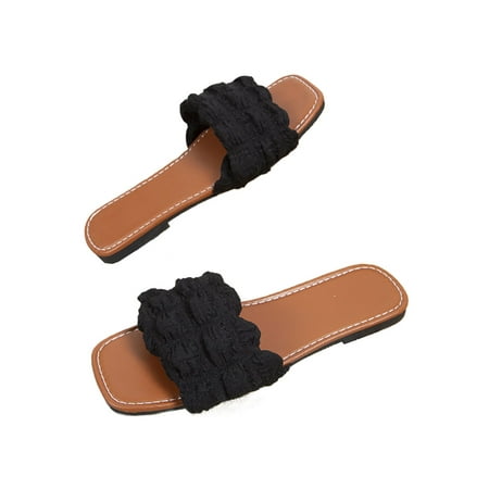 

Welliumy Ladies Slides Beach Flat Sandals Square Toe Slide Shoes Outdoor Sandal Indoor Anti Skid Summer Black 8.5