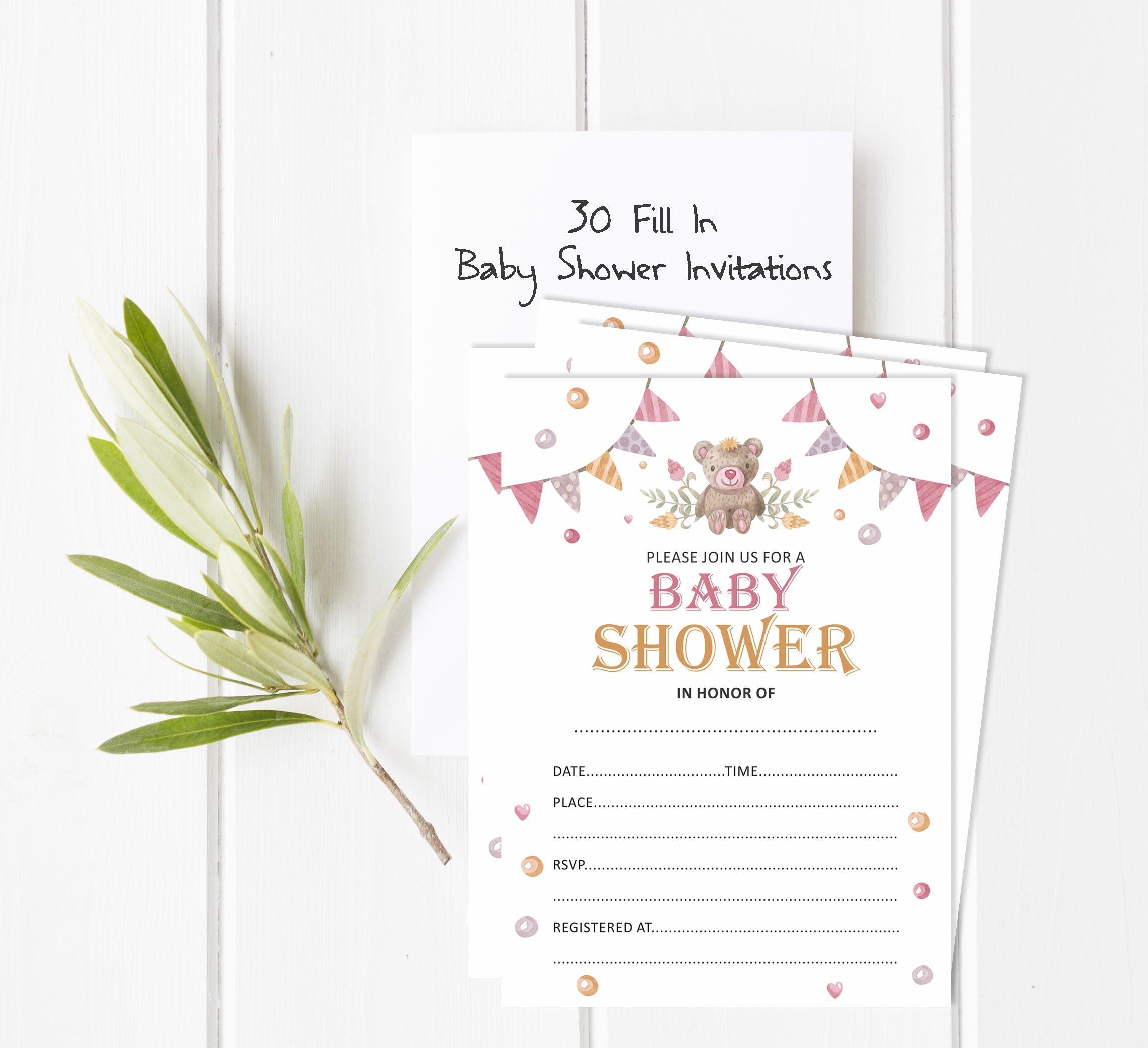 Inkdotpot 30Teddy Bear Baby Shower Invitation Cards Gender Neutral Fill In Blank Invites