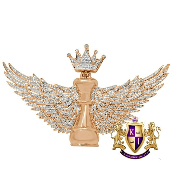 100% Real Genuine Diamond Men's King Chess Piece Pawn Crown Wings Pendent Charm 10K Rose Gold Finish