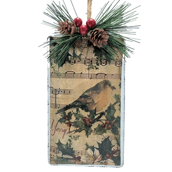Holiday Time Oversize Rectangle Brown Bird Metal Ornament. Casual Tradition Theme.  Handwash Rim.  Vintage Color & Design