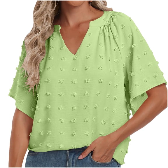 hopeusnice Women's Short Sleeve Pleated Elegant Business Workwear Shirts Notch V Neck T-Shirts Summer Tops Casual Loose Trendy Swiss Dot Blouse Fashion Solid Color Tunic