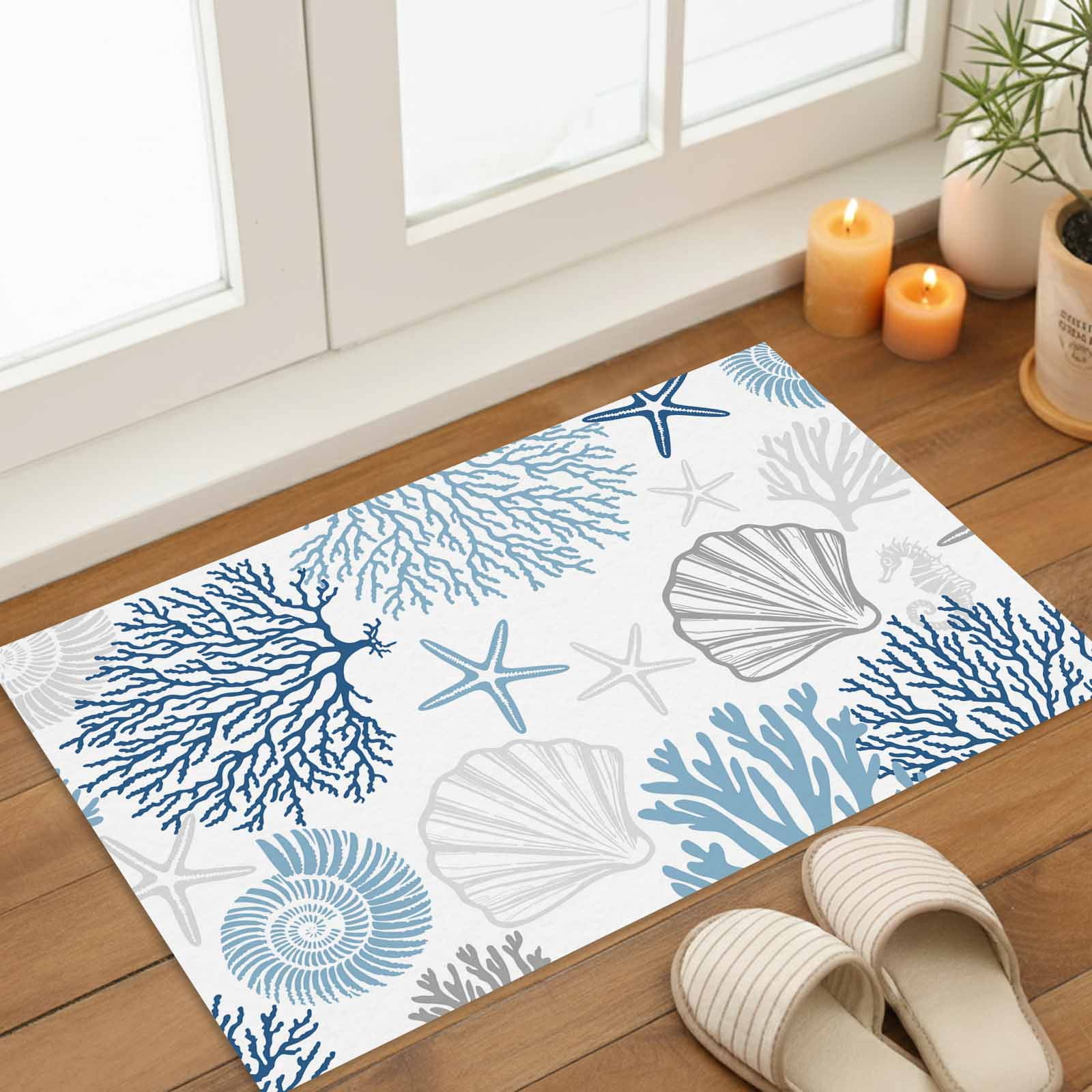Navy Blue Gray Coastal Indoor Door Mat - 20"x31.5", Non-Slip Welcome Mat for Outdoor, Summer Beach Coral Shell Ocean Front Doormat for Entry, Low-Profile Doormat Entrance Rug for Kitchen/Bathroom