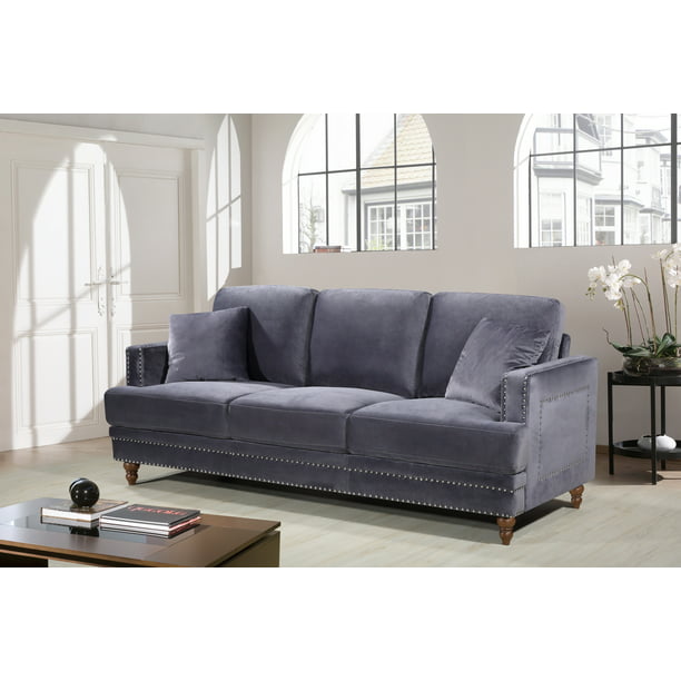 US Pride Furniture Emanuel Velvet Nailhead Sofa, Grey - Walmart.com