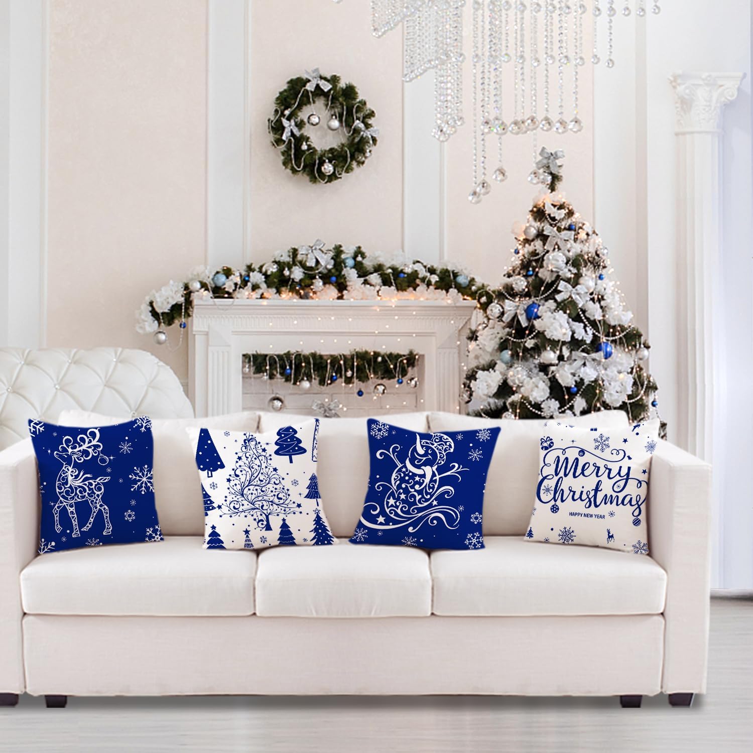 Blue Christmas Throw Pillow Covers 20x20 Set of 4 Christmas Decoration Trees Deer Snowman Merry Christmas Decorative Holiday Farmhouse Pillow Covers for Holiday Christmas Decoration
