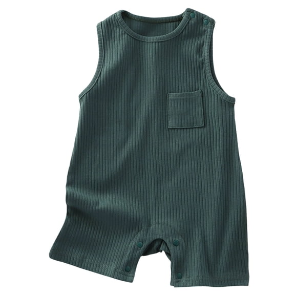 KPOPLK Baby Boy Summer Outfit Solid Color Romper Striped Sleeveless Onesie Bodysuit Overalls Newborn Boy Clothes(0-3 Months,Dark Green)