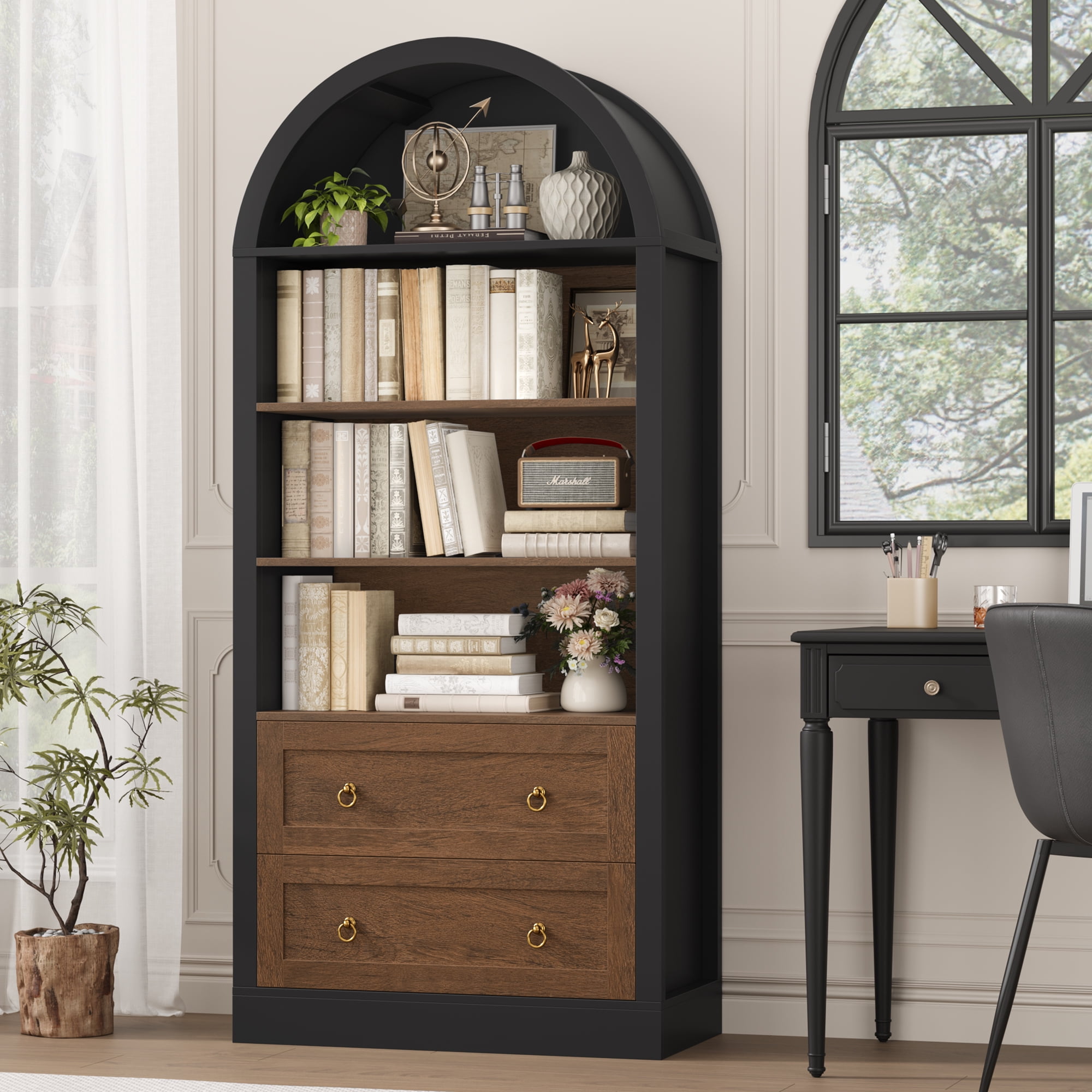 Hiphuta 70"Tall Arched Bookcase, 4-Tier Bookshelves with 2 Large Drawers, Wooden Display Shelf with Storage for Living Room Home Office, Black & Oak