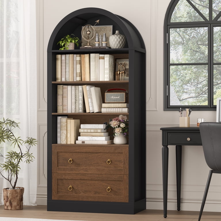 Hiphuta 70" Arched Bookcase, 4-Tier with 2 Drawers photo 4