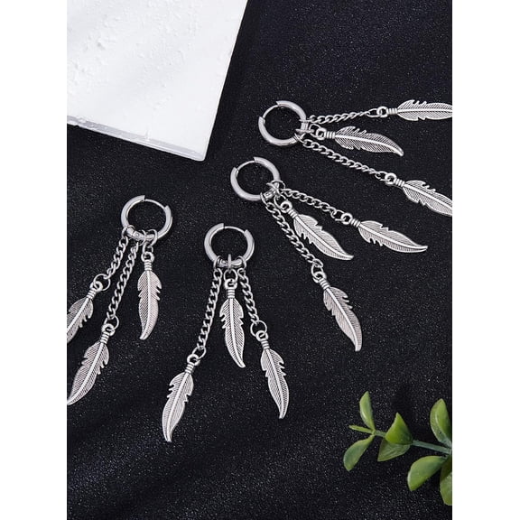 1set 4Pcs Silver Titanium Steel Feather Chain Earrings 70mm Feather with Chain Hoop Earrings Long Dangle Feather Earrings for Jewelry Gift Earring Supplies Silver DIY