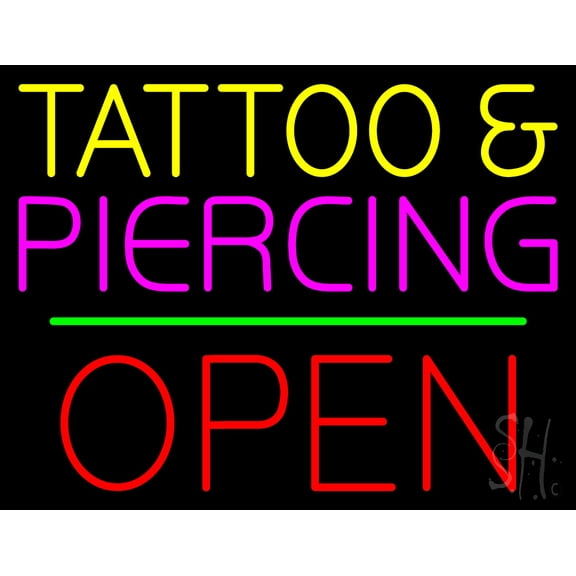 Tattoo and Piercing Block Open Green Line LED Neon Sign 24" Tall x 31" Wide - inches Black Square Cut Acrylic Backing, with Dimmer - Premium built indoor Sign for Storefront, Store interior.