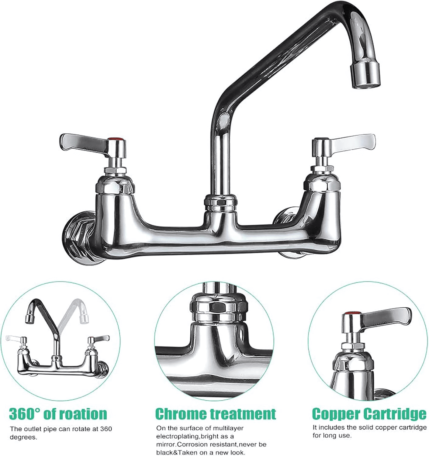 Chrome Commercial Sink Faucet with 8” Swivel Spout 8" Center Wall Mount Kitchen Faucet, Dual Handles Brass Utility Sink Faucet for Laundry Room Restaurant