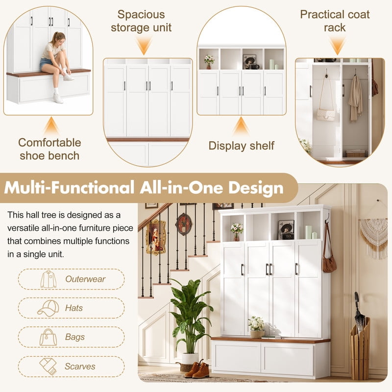 Modern Farmhouse Hall Tree with Bench and Storage Cabinets, Entryway Coat Rack with 6 Hooks, 4 Hidden Cabinets, Drawers and Open Shelves, Mudroom Organizer for Hallway, Living Room