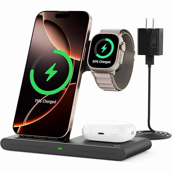 2025 Wireless Charger for iPhone Charging Station,3 in 1 Fast Max Charging for iPhone 16 15 14 13 12 Pro Max Plus,Charger Stand for Apple Watch Series & Air pods 4 3 2 Pro,Android Samsung Series