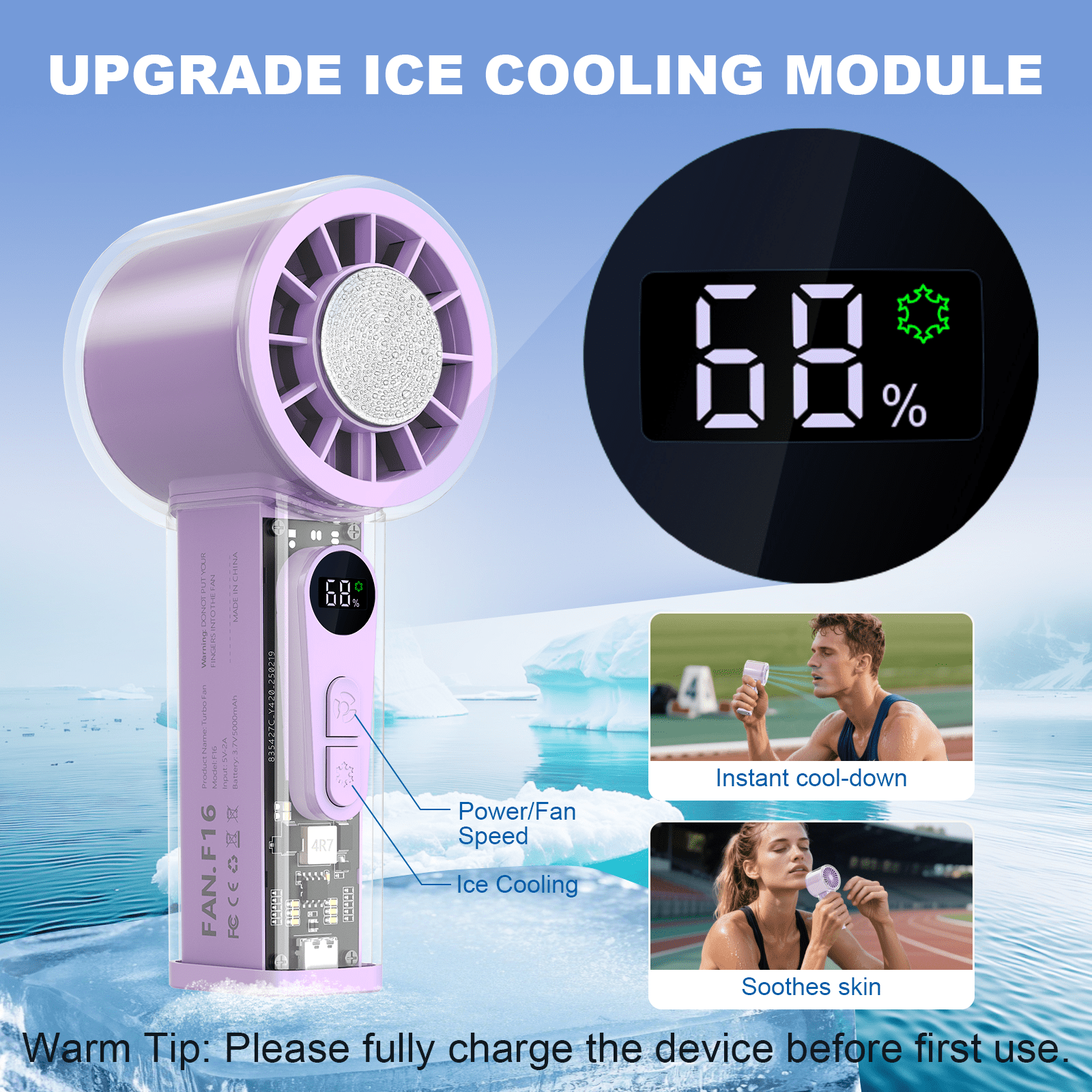 Handheld Turbo Fan with Ice Cooler, Transparent Design, Dual Airflow, 5000mAh Rechargeable Battery, 6-Speed
