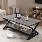 47 inch Gray Rectangle Coffee Table for Living Room, 2-Tier Wooden Coffee Tables with Round Corner, Modern Center Table for Small Space, Apartment, Office