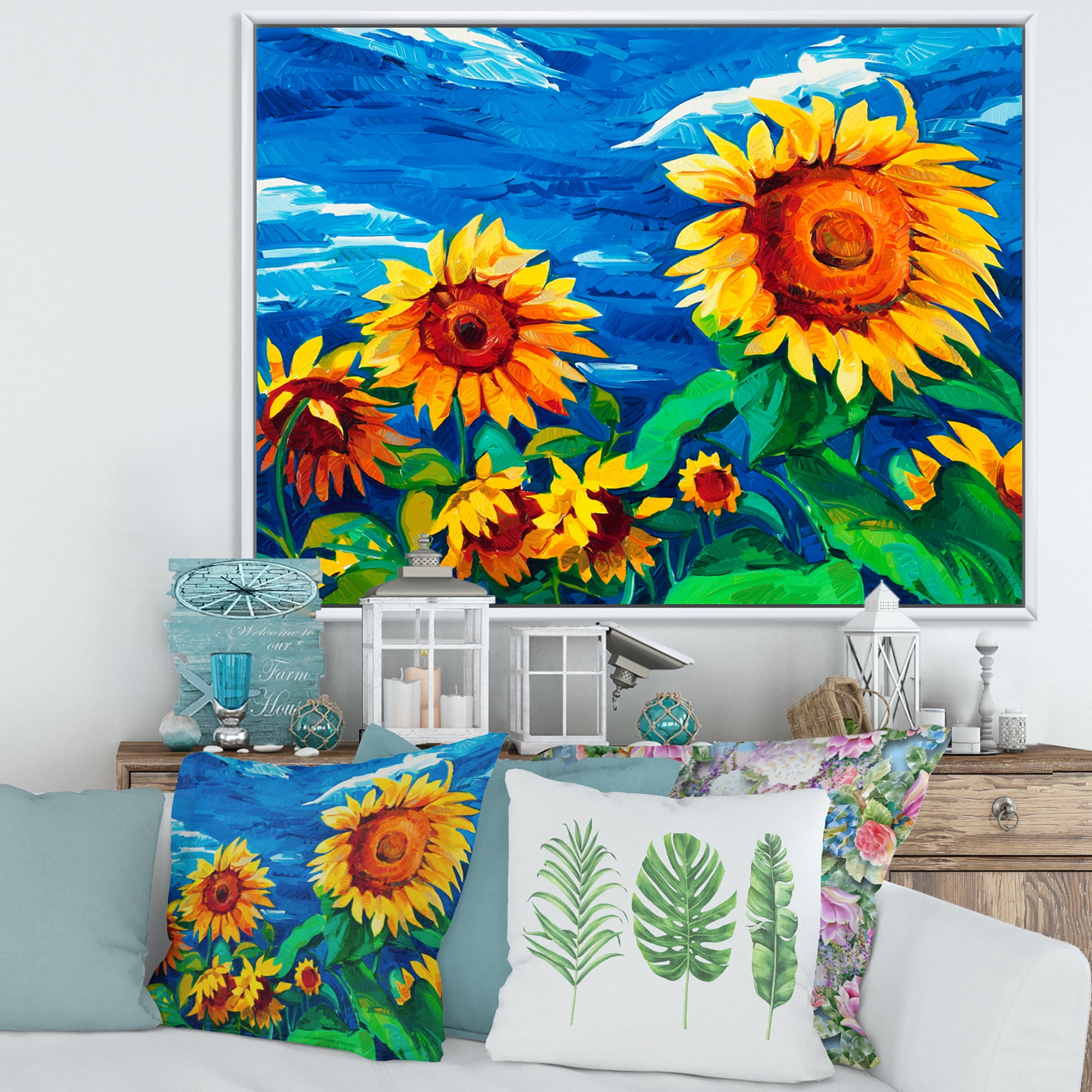 Designart 'Sunflowers Field Under A Bright Blue Sky' Traditional Framed Canvas Wall Art Print