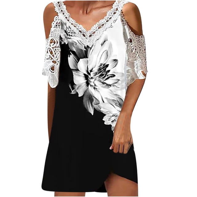 Cameland Robe Femme Mode Aguichant à Col en V à Manches Courtes Ajourée Imprimée à Épaules Dénudées