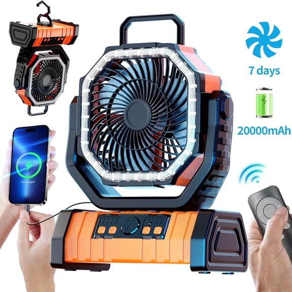 20000mAh Rechargeable Camping Fan with LED Light & Remote Control, 360° Rotatable Portable Outdoor Tent Fan, 4 Wind Speeds Timer Function, 29dB Quiet Battery Operated Fan for Camping, Bedroom, Car
