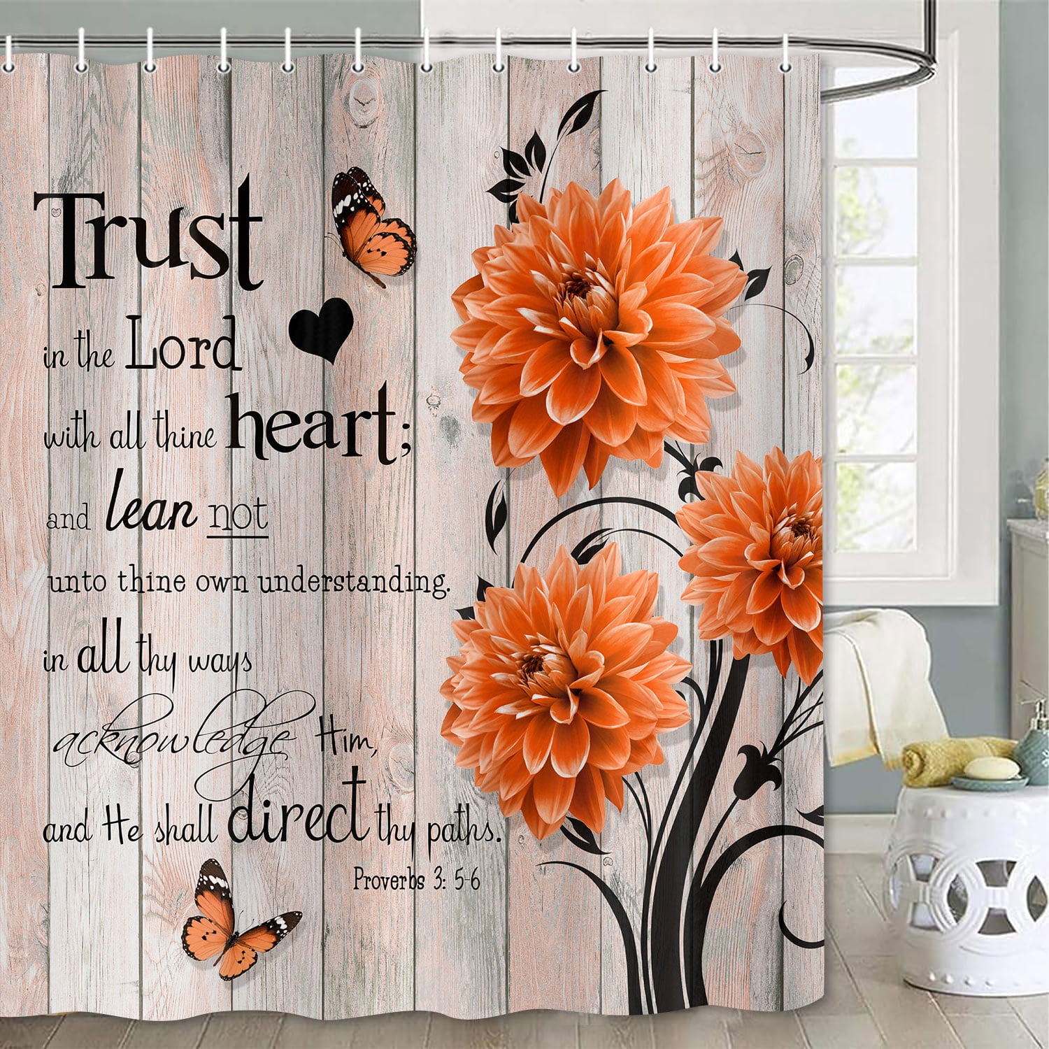 Rustic Orange Dahlia Farmhouse Shower Curtain - Washable Fabric Bath Set with Hooks, 72x84 Inch