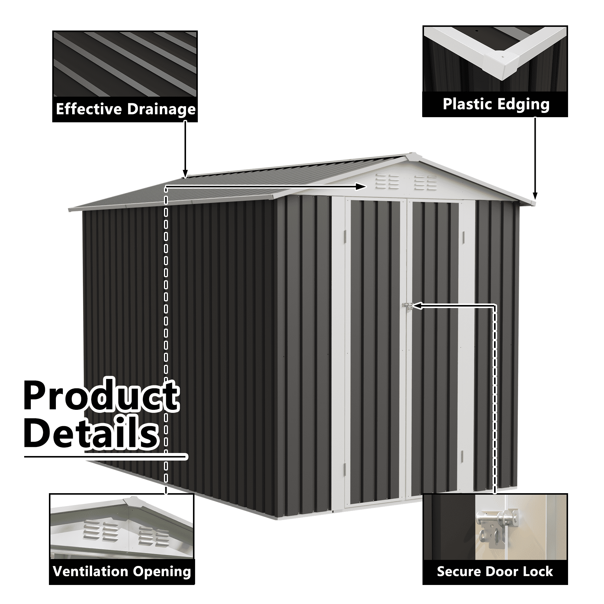Leumius 6x9 FT Metal Garden Shed with Hinge Door Grey Outdoor Tool House Apex Roof for Backyard, Patio, Lawn