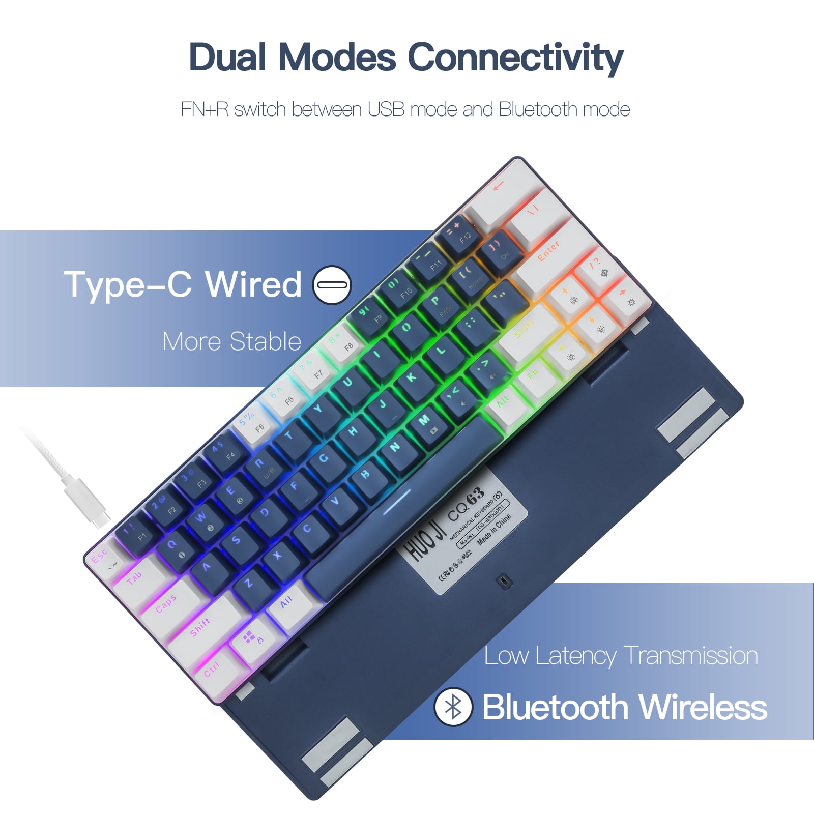 CQ63 Wireless Bluetooth 5.0 Mechanical Keyboard, Blue Switches, RGB Backlit, Compact 63 Keys, USB Type-C Wired, for Laptop, Mac, Smartphone, Tablet