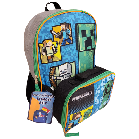 Minecraft Full Size 16 Inch Backpack with Detachable Lunch Box 2 pieces set