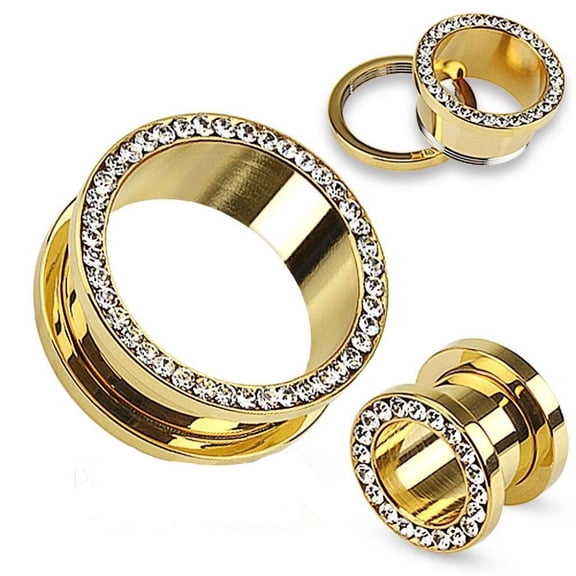 24k Gold Plated Screw-on Plugs/Gauges/Tunnels with Clear CZ 7/8'' (22MM) 2 Pieces (1 Pair) (A/5/3/10)