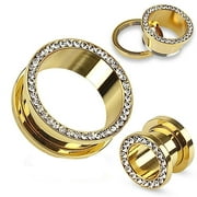 24k Gold Plated Screw-on Plugs/Gauges/Tunnels with Clear CZ 0G (8MM) 2 Pieces (1 Pair) (A/5/3/10)