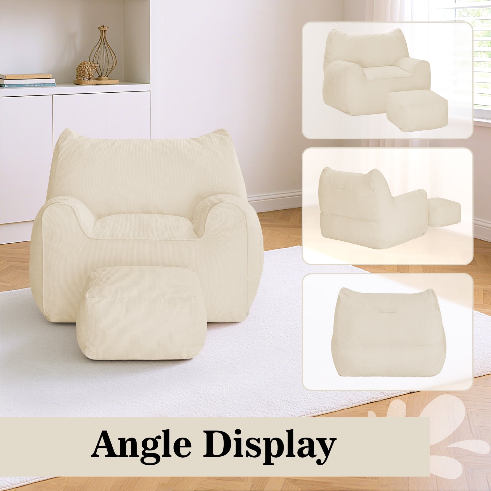 Bean Bag Chair with Ottoman Bean Bag with Footstool for Adults Teens, Bean Bag Sofa with Washable Cover, Pocket, Handle for Bedroom, Living Room, Beige